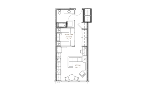 Floor plan for 1 bed, 1 bath, 594 sqft